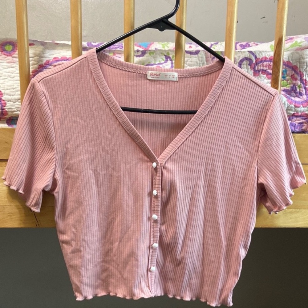 Pink Ribbed Button down Crop Top - Picture 3 of 9